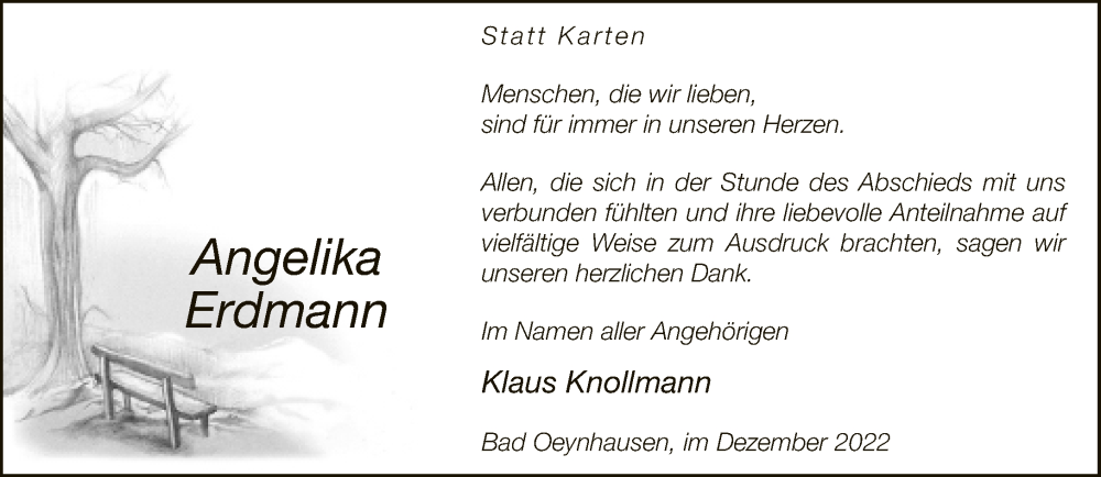  Traueranzeige für Angelika Erdmann vom 10.12.2022 aus Neue Westfälische