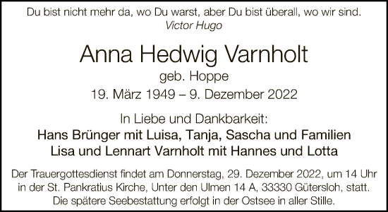 Traueranzeige von Anna Hedwig Varnholt von Neue Westfälische