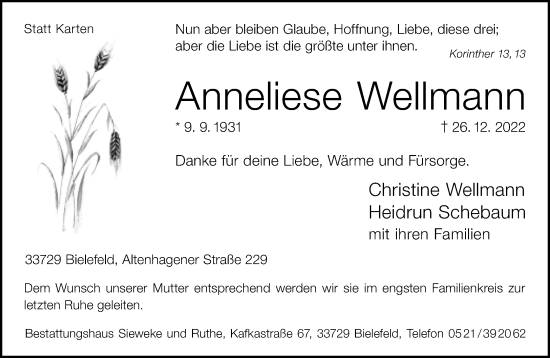 Traueranzeige von Anneliese Wellmann von Neue Westfälische