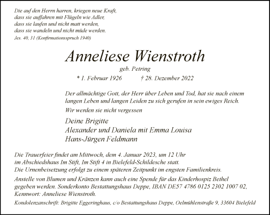 Traueranzeige von Anneliese Wienstroth von Neue Westfälische