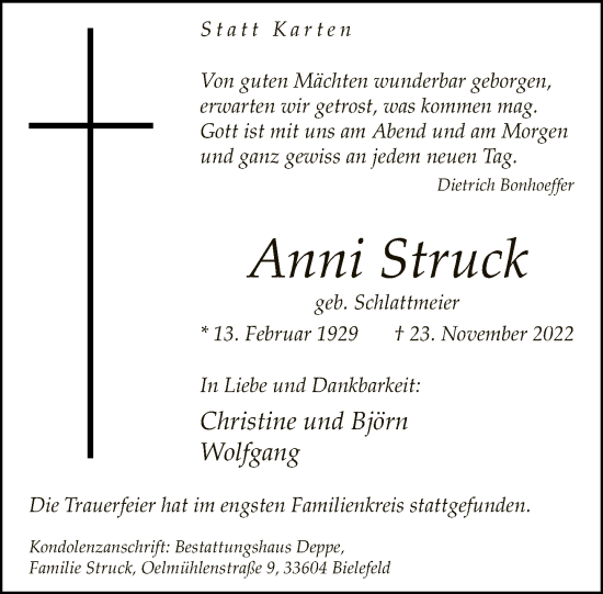 Traueranzeige von Anni Struck von Neue Westfälische