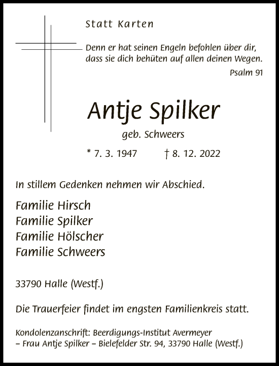 Traueranzeige von Antje Spilker von Neue Westfälische