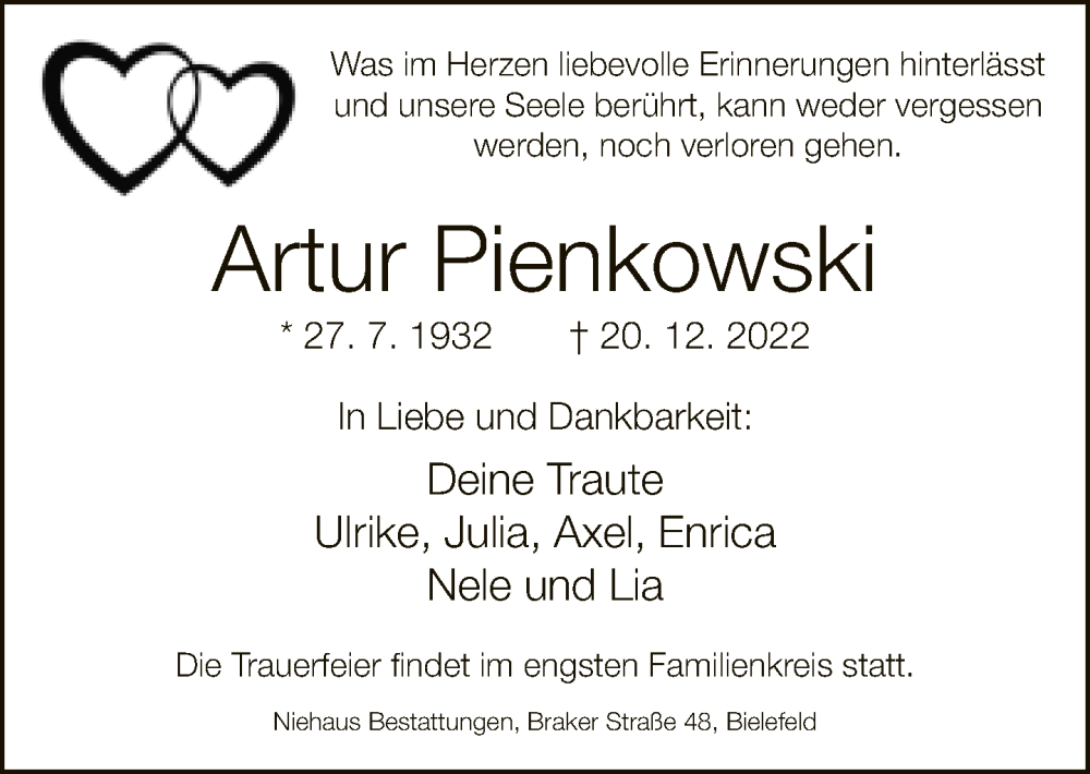  Traueranzeige für Artur Pienkowski vom 31.12.2022 aus Neue Westfälische