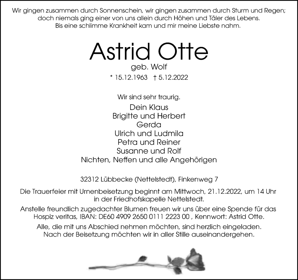  Traueranzeige für Astrid Otte vom 08.12.2022 aus Neue Westfälische