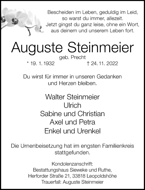 Traueranzeige von Auguste Steinmeier von Neue Westfälische