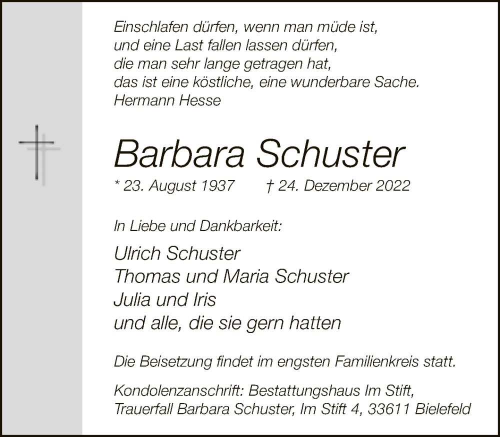  Traueranzeige für Barbara Schuster vom 31.12.2022 aus Neue Westfälische