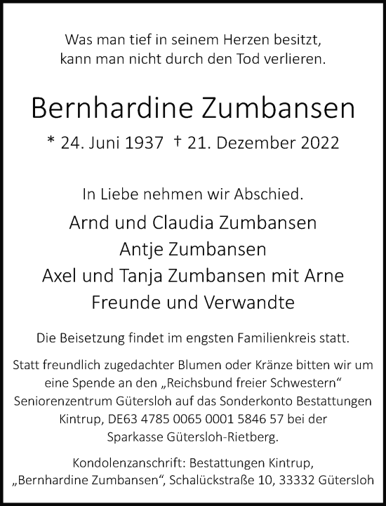 Traueranzeige von Bernhardine Zumbansen von Neue Westfälische