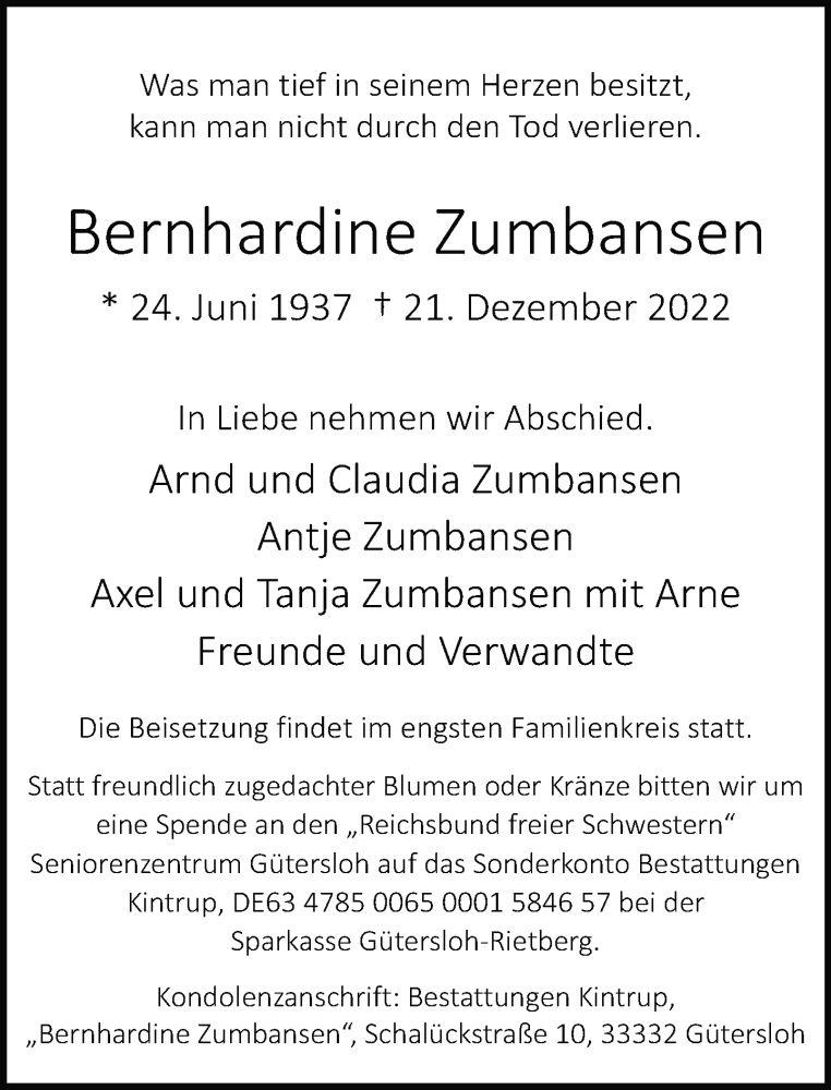  Traueranzeige für Bernhardine Zumbansen vom 31.12.2022 aus Neue Westfälische