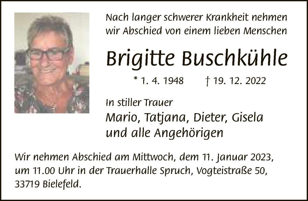  Traueranzeige für Brigitte Buschkühle vom 24.12.2022 aus Neue Westfälische