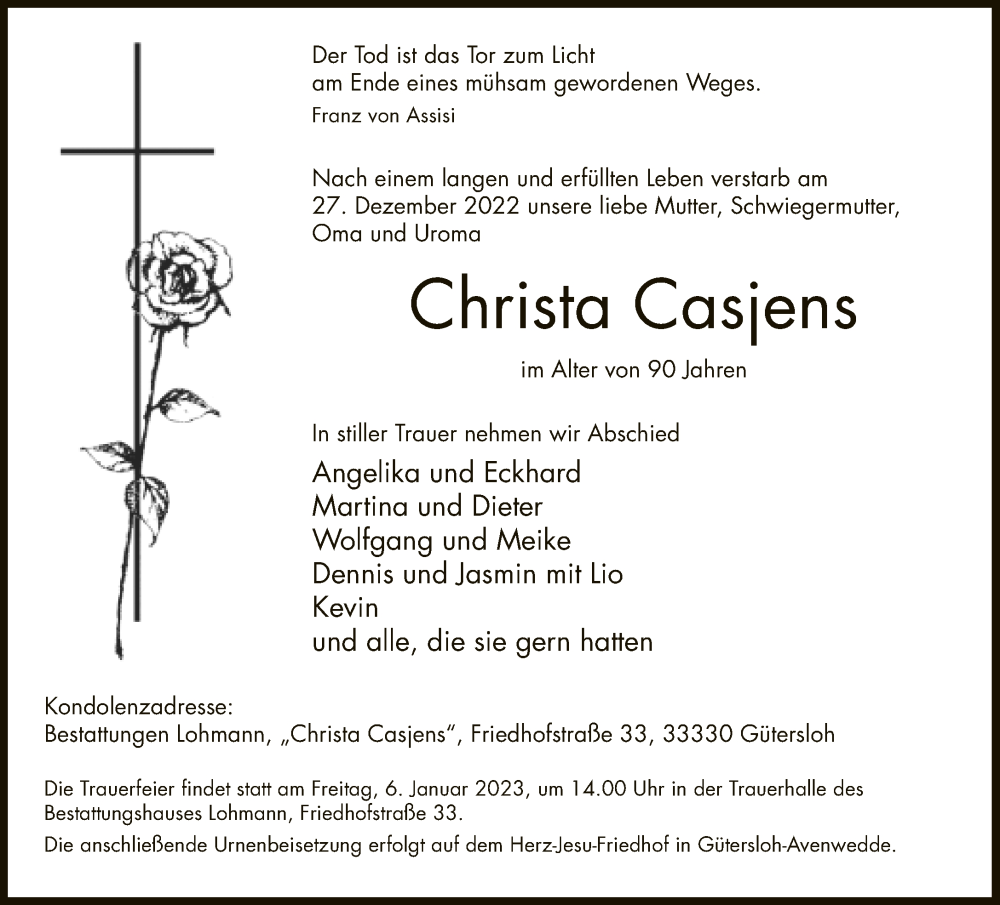  Traueranzeige für Christa Casjens vom 31.12.2022 aus Neue Westfälische