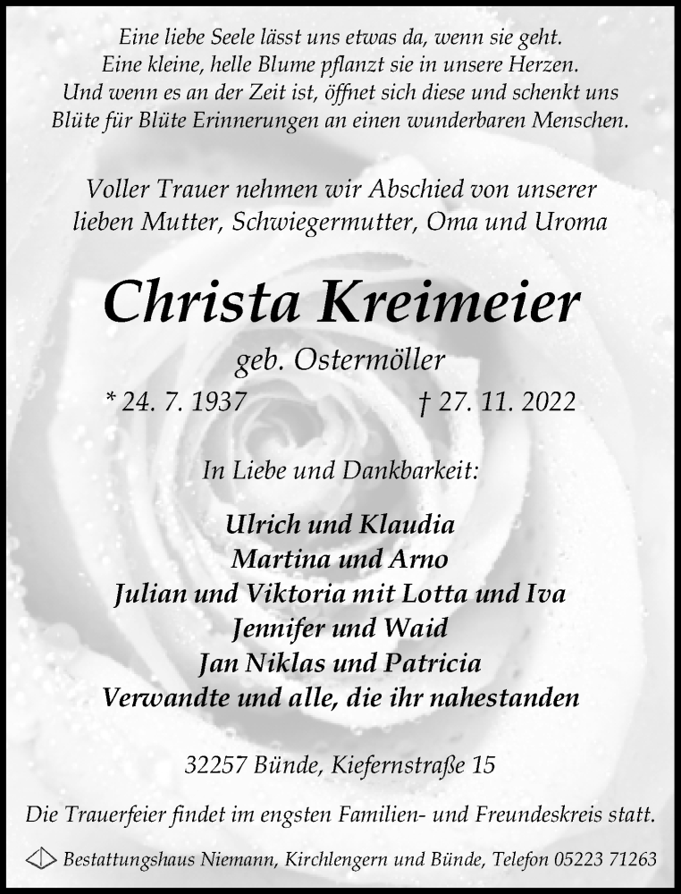  Traueranzeige für Christa Kreimeier vom 03.12.2022 aus Neue Westfälische