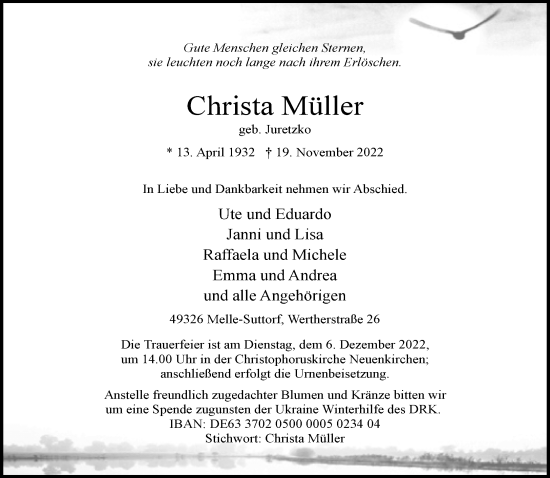 Traueranzeige von Christa Müller von Neue Westfälische