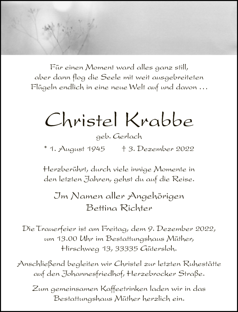  Traueranzeige für Christel Krabbe vom 07.12.2022 aus Neue Westfälische