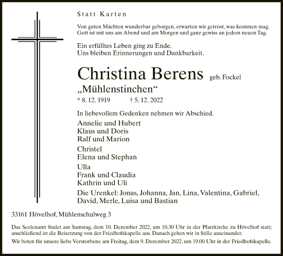 Traueranzeige von Christina Berens von Neue Westfälische