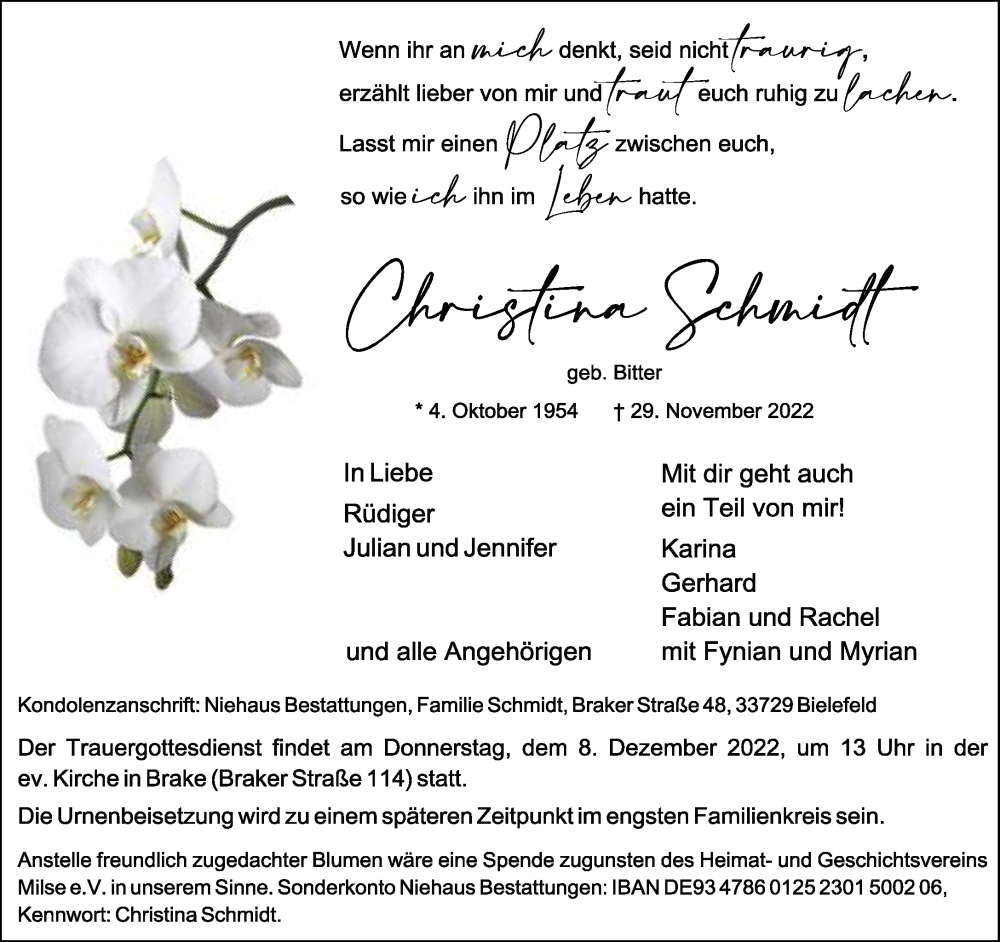  Traueranzeige für Christina Schmidt vom 03.12.2022 aus Neue Westfälische