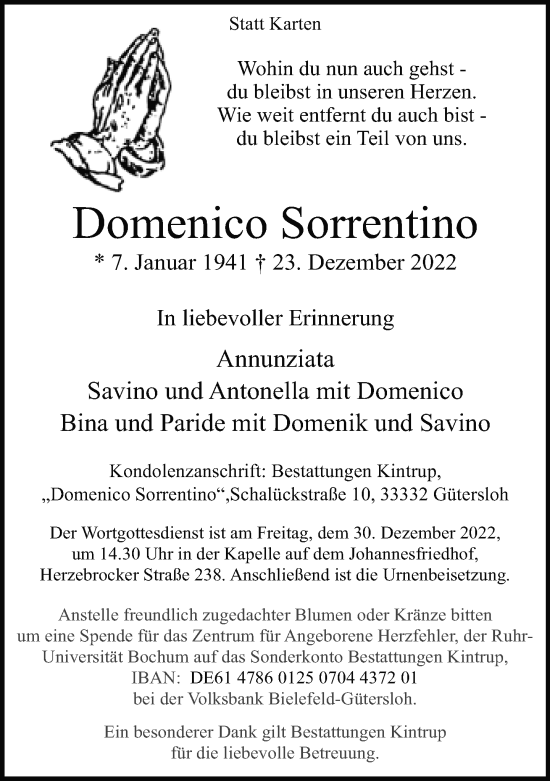 Traueranzeige von Domenico Sorrentino von Neue Westfälische