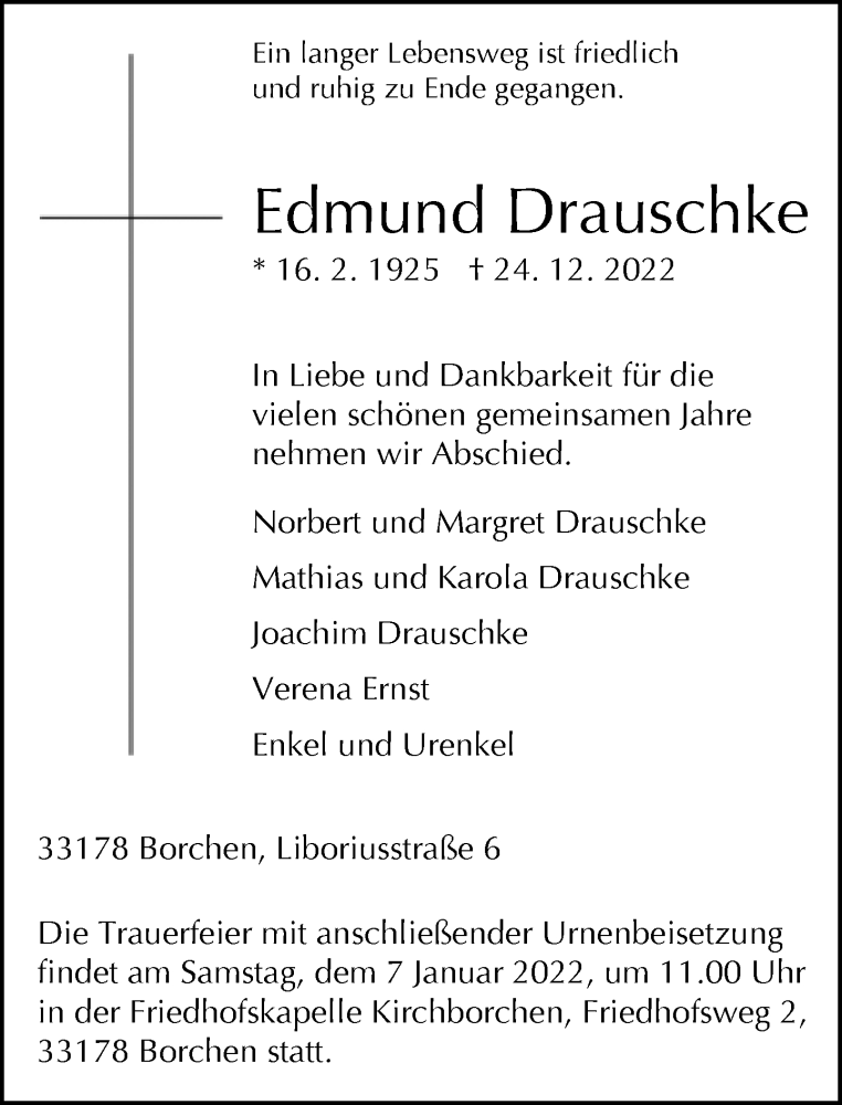  Traueranzeige für Edmund Drauschke vom 31.12.2022 aus Neue Westfälische