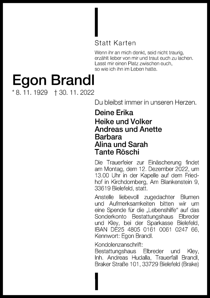  Traueranzeige für Egon Brandl vom 07.12.2022 aus Neue Westfälische