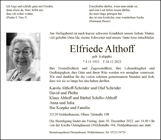 Traueranzeige von Elfriede Althoff von Neue Westfälische