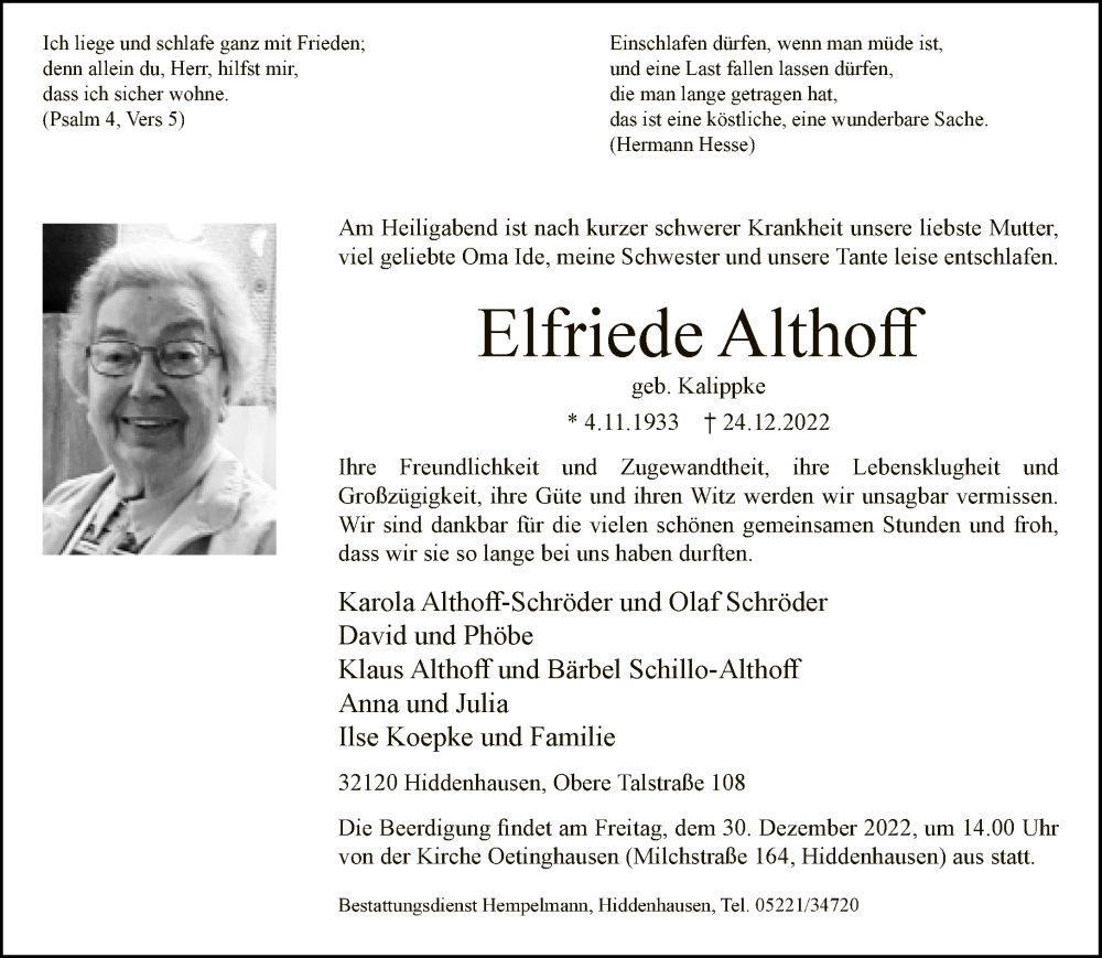  Traueranzeige für Elfriede Althoff vom 28.12.2022 aus Neue Westfälische