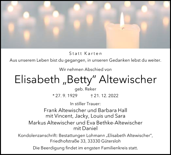 Traueranzeige von Elisabeth Altewischer von Neue Westfälische