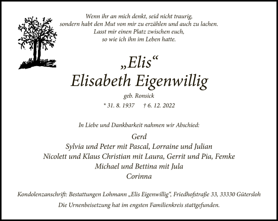 Traueranzeige von Elisabeth Eigenwillig von Neue Westfälische