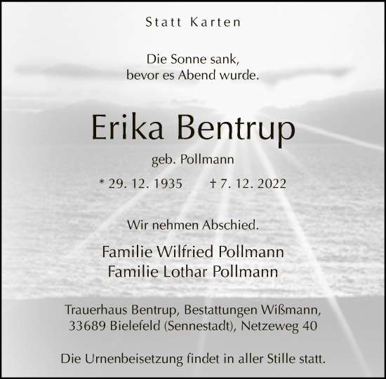 Traueranzeige von Erika Bentrup von Neue Westfälische