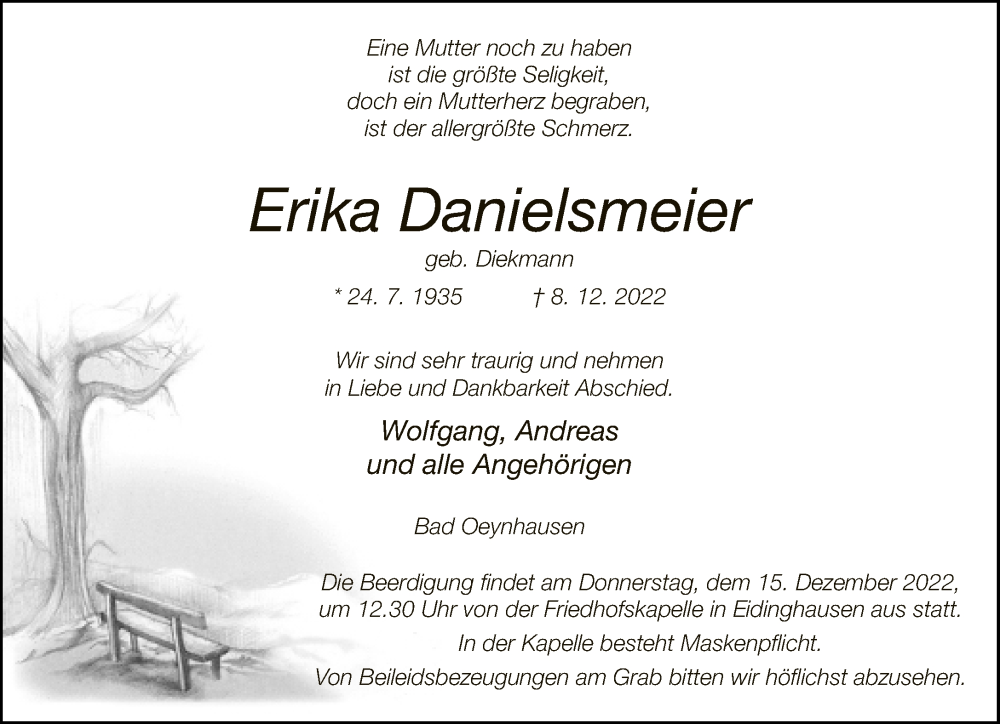  Traueranzeige für Erika Danielsmeier vom 10.12.2022 aus Neue Westfälische