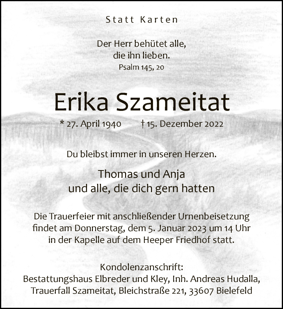  Traueranzeige für Erika Szameitat vom 31.12.2022 aus Neue Westfälische