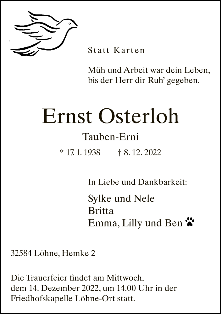  Traueranzeige für Ernst Osterloh vom 10.12.2022 aus Neue Westfälische