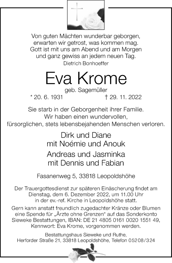 Traueranzeige von Eva Krome von Neue Westfälische