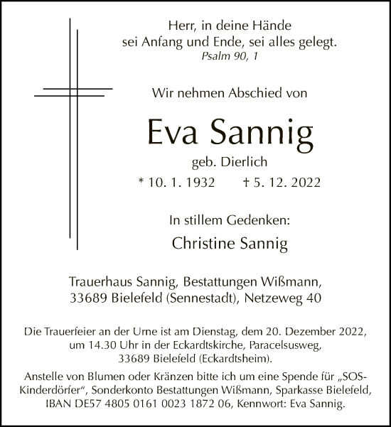 Traueranzeige von Eva Sannig von Neue Westfälische