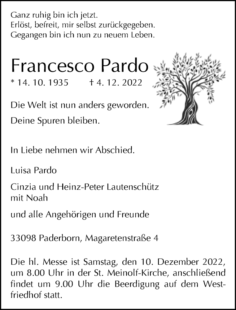  Traueranzeige für Francesco Pardo vom 07.12.2022 aus Neue Westfälische