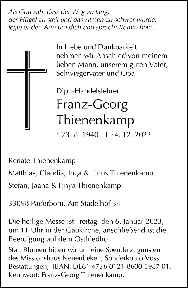  Traueranzeige für Franz-Georg Thienenkamp vom 28.12.2022 aus Neue Westfälische