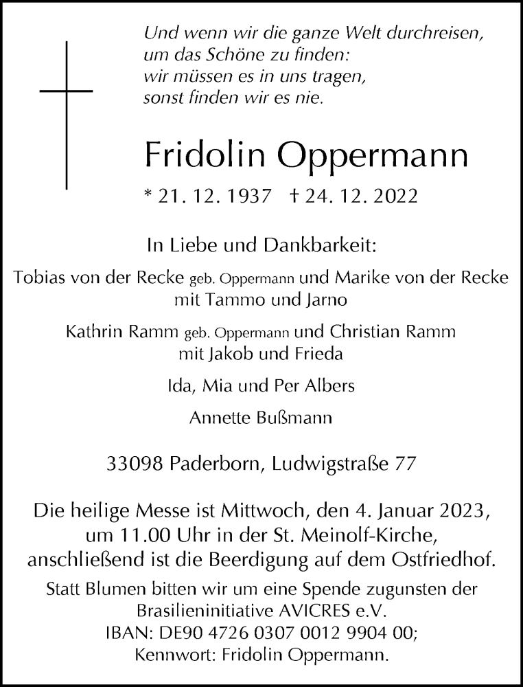  Traueranzeige für Fridolin Oppermann vom 28.12.2022 aus Neue Westfälische