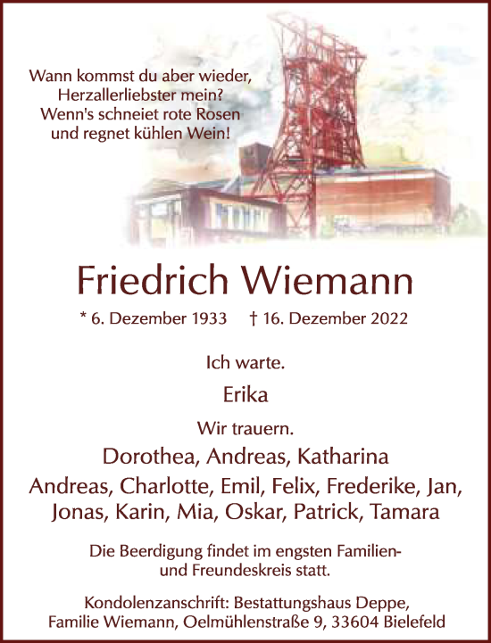 Traueranzeige von Friedrich Wiemann von Neue Westfälische