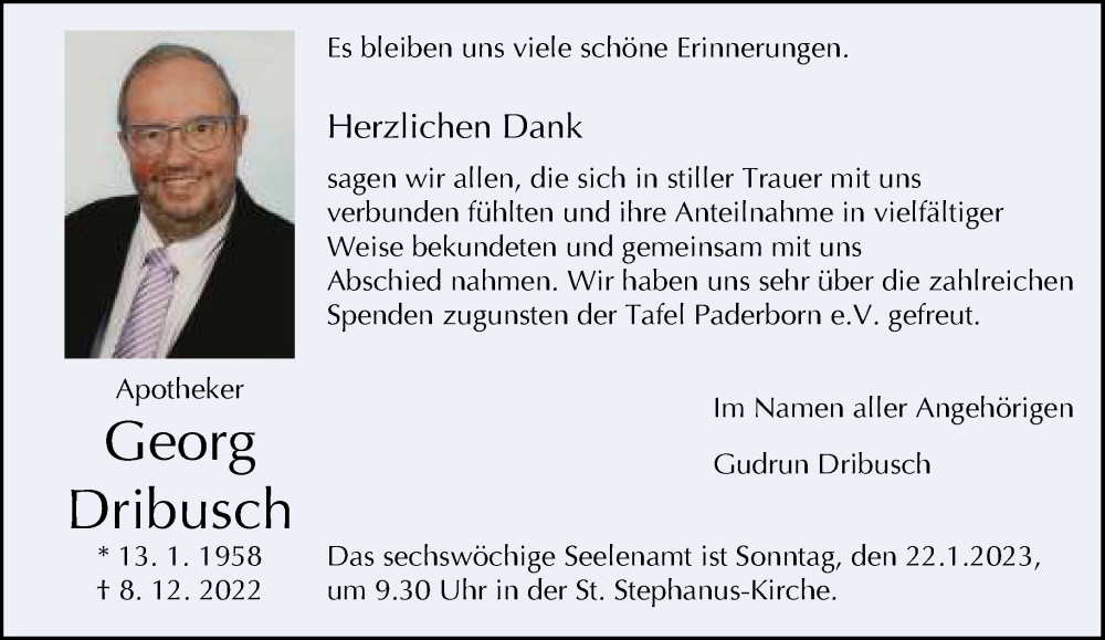  Traueranzeige für Georg Dribusch vom 31.12.2022 aus Neue Westfälische