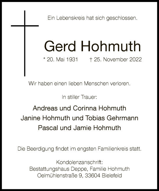 Traueranzeige von Gerd Hohmuth von Neue Westfälische