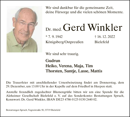 Traueranzeige von Gerd Winkler von Neue Westfälische