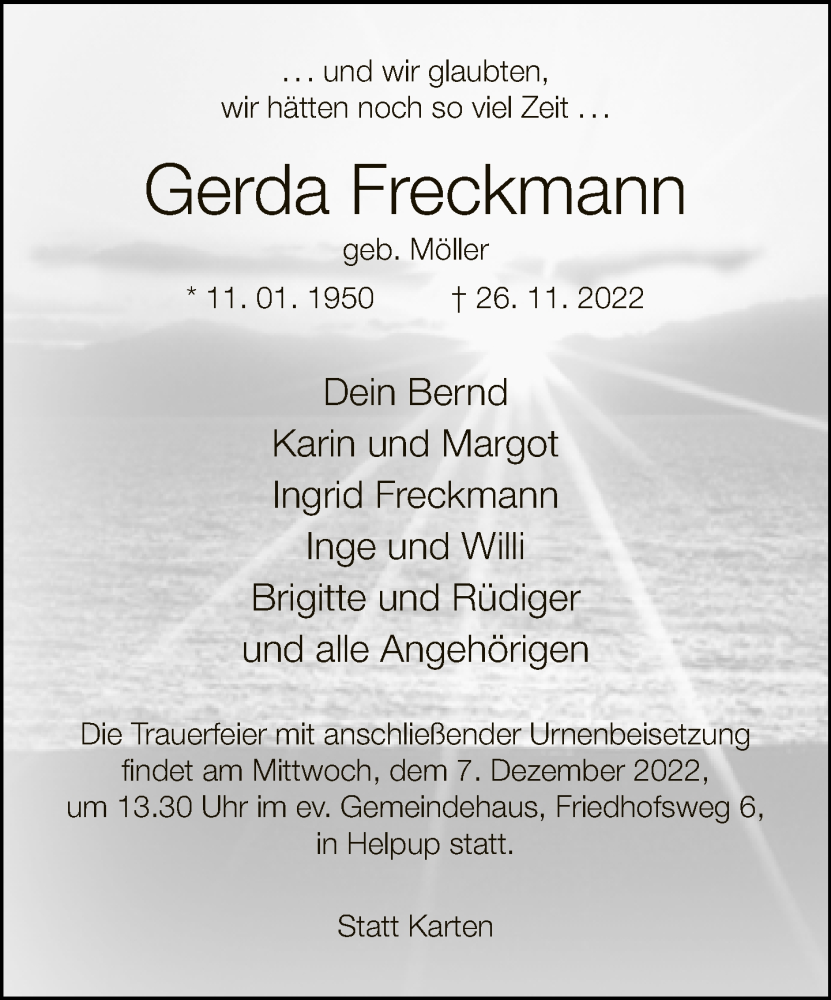  Traueranzeige für Gerda Freckmann vom 03.12.2022 aus Neue Westfälische