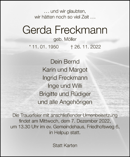 Traueranzeige von Gerda Freckmann von Neue Westfälische
