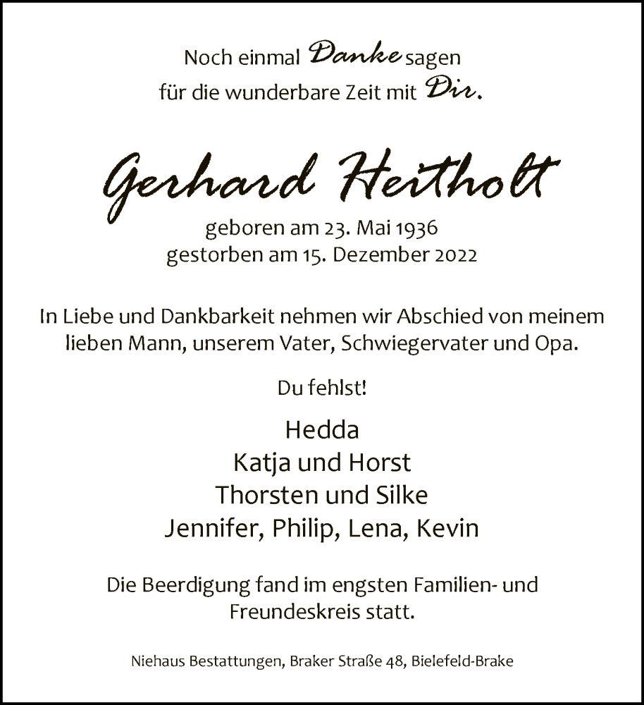  Traueranzeige für Gerhard Heitholt vom 24.12.2022 aus Neue Westfälische