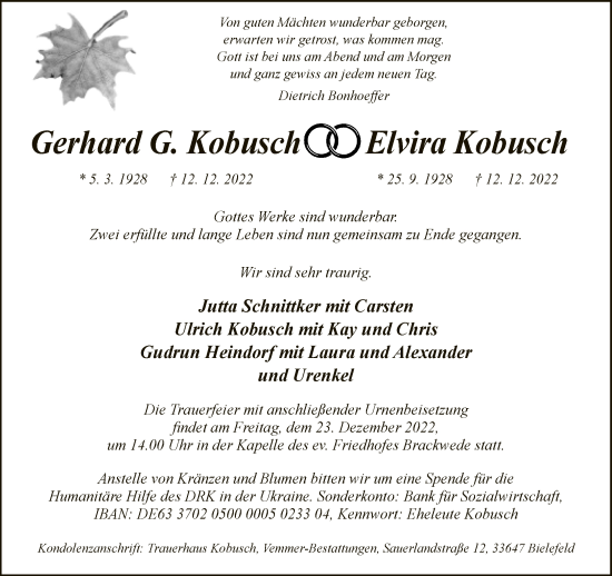 Traueranzeige von Gerhard G. und Elvira Kobusch von Neue Westfälische