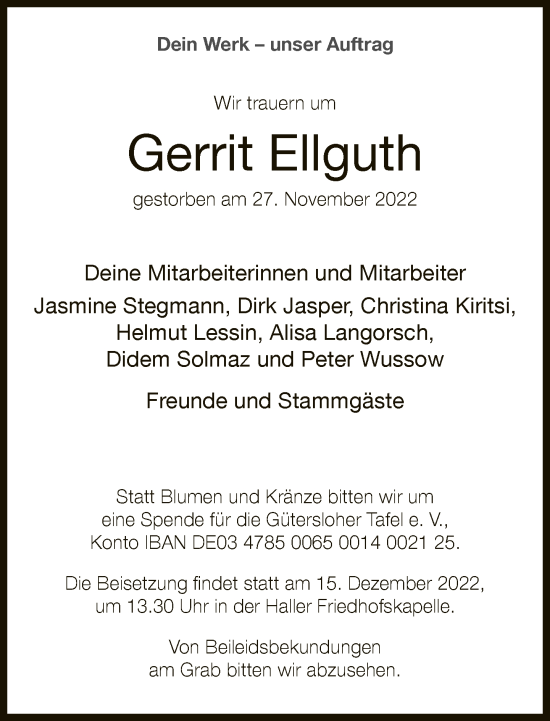 Traueranzeige von Gerrit Ellguth von Neue Westfälische