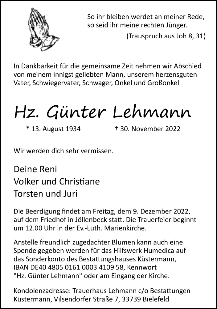  Traueranzeige für Günter Lehmann vom 03.12.2022 aus Neue Westfälische