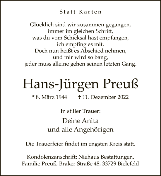 Traueranzeige von Hans-Jürgen Preuß von Neue Westfälische
