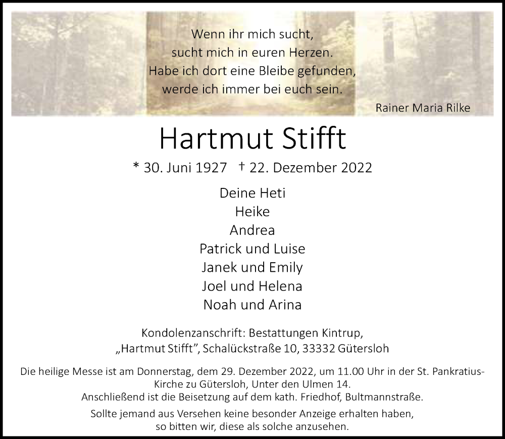  Traueranzeige für Hartmut Stifft vom 24.12.2022 aus Neue Westfälische