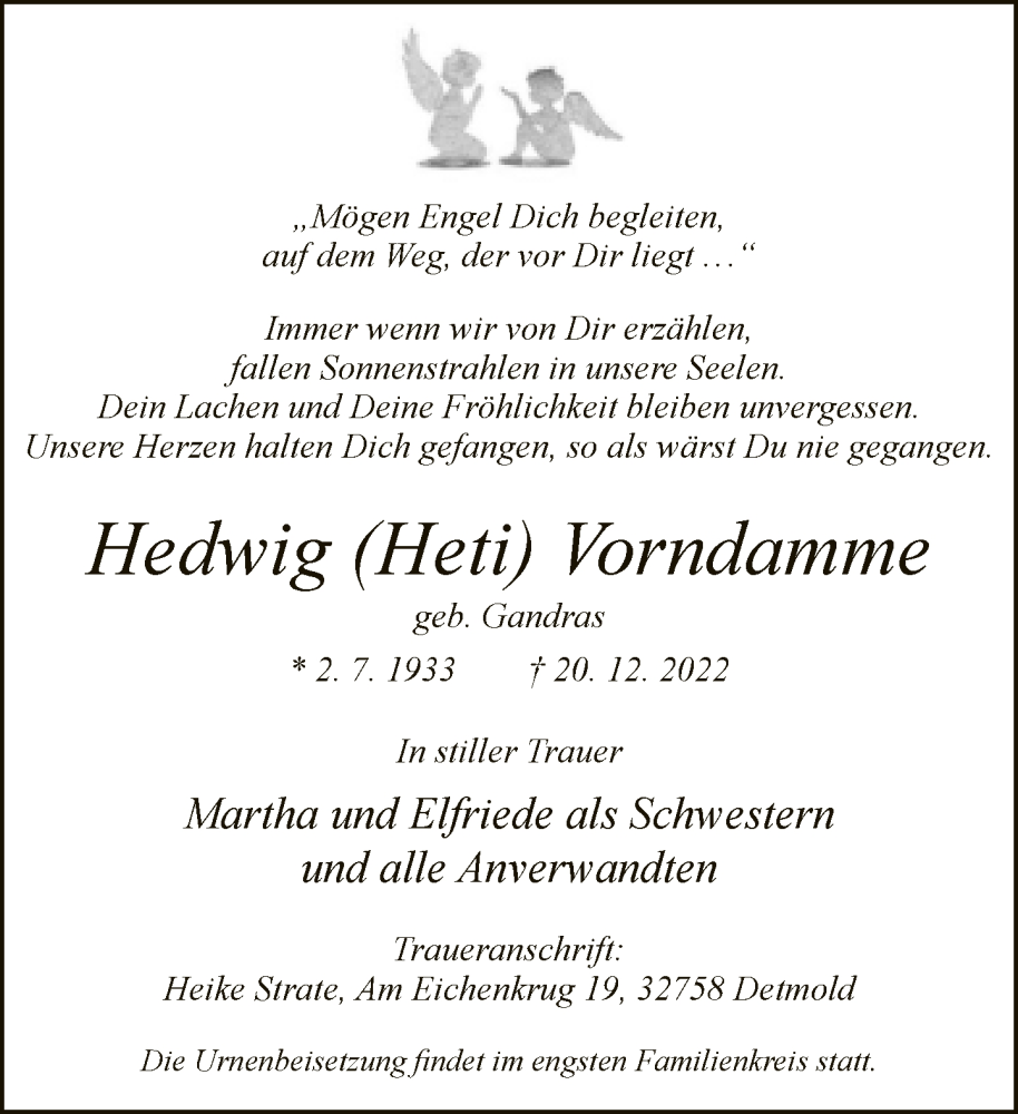  Traueranzeige für Hedwig Vorndamme vom 31.12.2022 aus Neue Westfälische