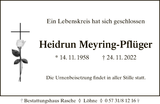 Traueranzeige von Heidrun Meyring-Pflüger von Neue Westfälische