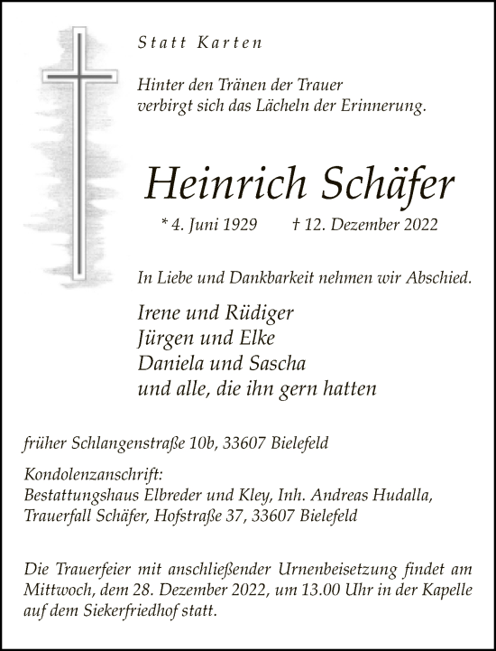 Traueranzeige von Heinrich Schäfer von Neue Westfälische